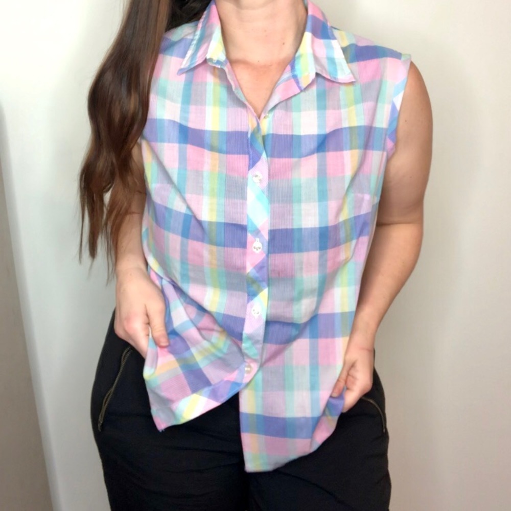 VINTAGE 70s Pastel Retro Blouse Buttoned Tank Top Shirt Checkered Plaid Large - Picture 4 of 9